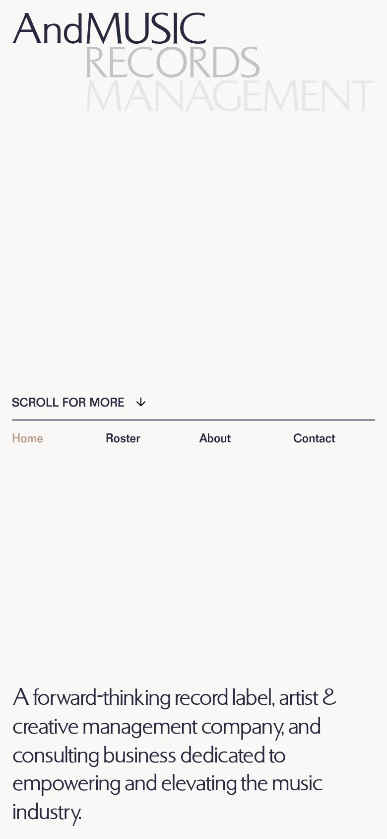 The mobile version maintains the minimalist white and gray aesthetic but uses a more vertically stacked layout. The large 'AndMUSIC' header and background text are scaled to fit the narrow screen, and the navigation links are repositioned to accommodate the smaller viewport above the main mission statement.