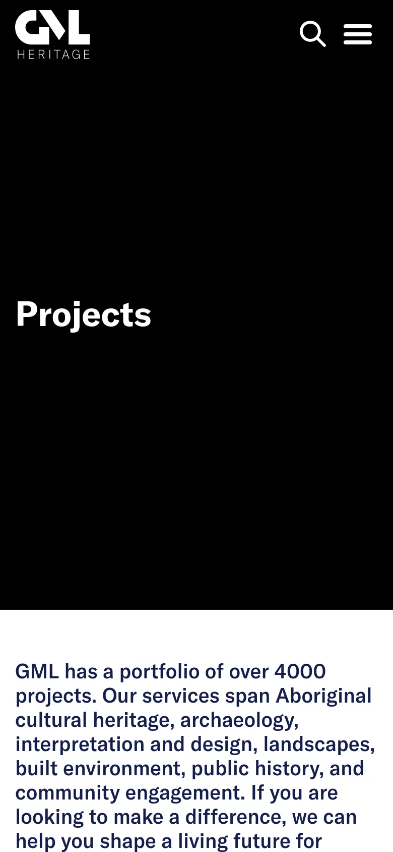 The mobile version simplifies the layout, displaying the hero image with the 'Projects' title prominently overlaid. The navigation menu is collapsed into a hamburger icon next to a search icon, and the project grid transitions into a single-column vertical stack for easier scrolling.