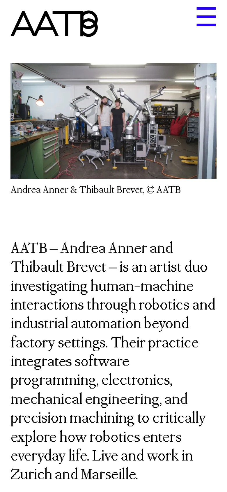 The mobile version simplifies the layout, moving the AATB logo to the top left and replacing the navigation links with a blue hamburger menu icon on the top right. The large hero image and descriptive text are stacked vertically in a single column for easier scrolling on a narrow screen.