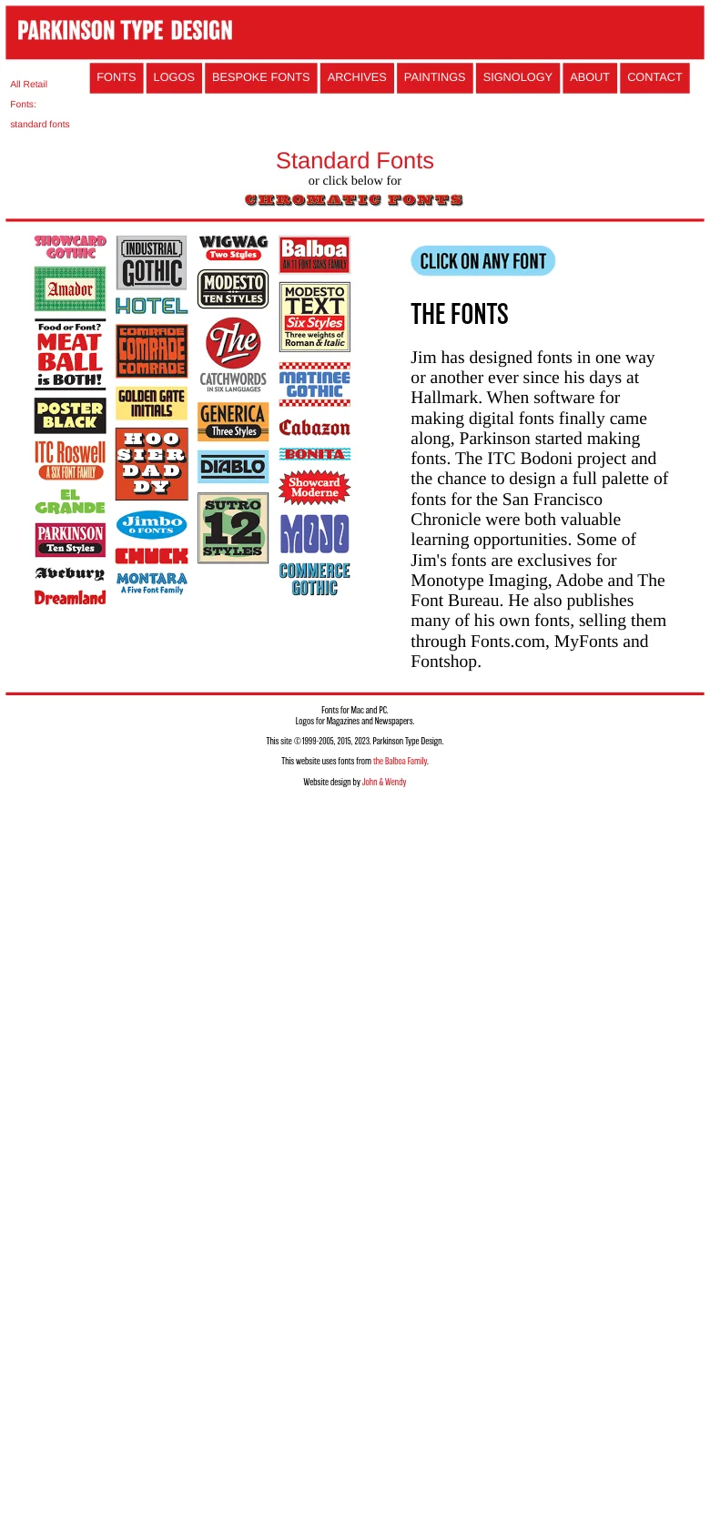 The mobile version presents a simplified vertical layout with the red header and navigation menu at the top. The font specimen grid is rearranged into a single column, and the 'THE FONTS' text section follows below the imagery for easier scrolling.