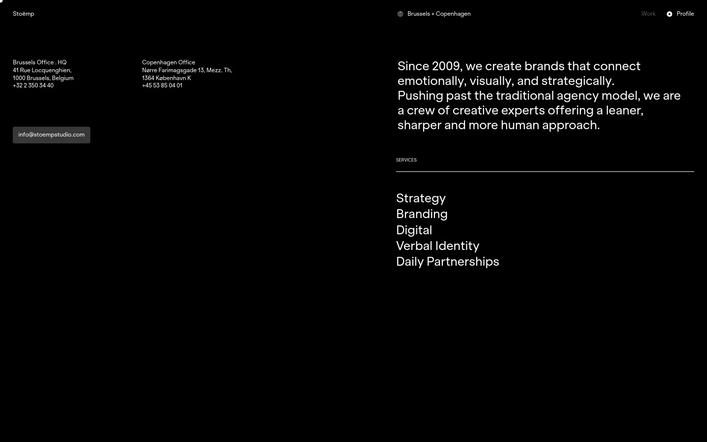 The desktop profile page features a minimalist dark theme with white text. The layout is divided into columns: office contact details on the left, a mission statement in large typography on the right, and a list of services below the mission statement.