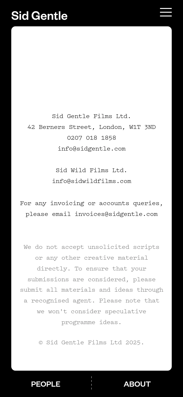 The mobile version maintains the minimalist black and white aesthetic but uses a vertical layout. The navigation links are moved to a hamburger menu in the top right corner, while the central white card displays the contact information and script submission policy in a single column for easier scrolling.