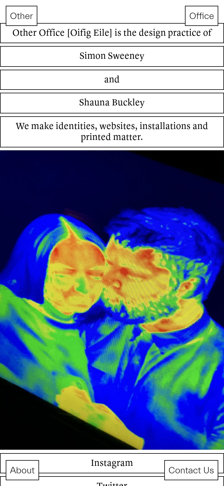 The mobile version maintains the minimalist white background and centered black text, but the layout is vertically stacked for readability. The text blocks and boxes are narrower to fit the screen, followed by the large thermal-style portrait image which spans the full width of the device. Navigation links are repositioned into a compact header and footer layout.
