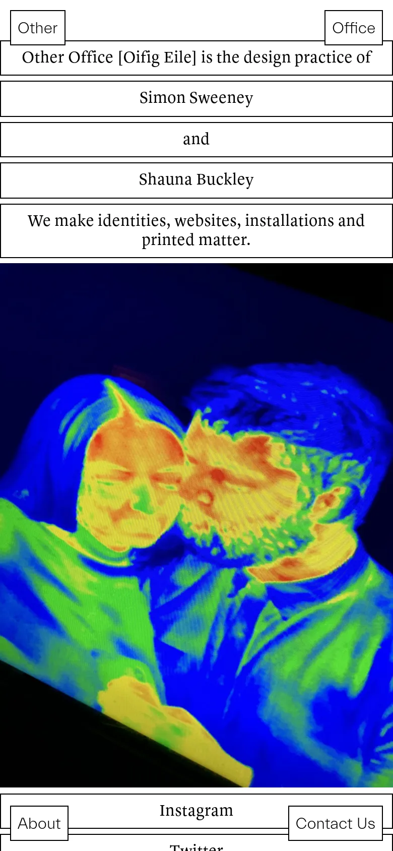 The mobile version maintains the minimalist white background and centered black text, but the layout is vertically stacked for readability. The text blocks and boxes are narrower to fit the screen, followed by the large thermal-style portrait image which spans the full width of the device. Navigation links are repositioned into a compact header and footer layout.