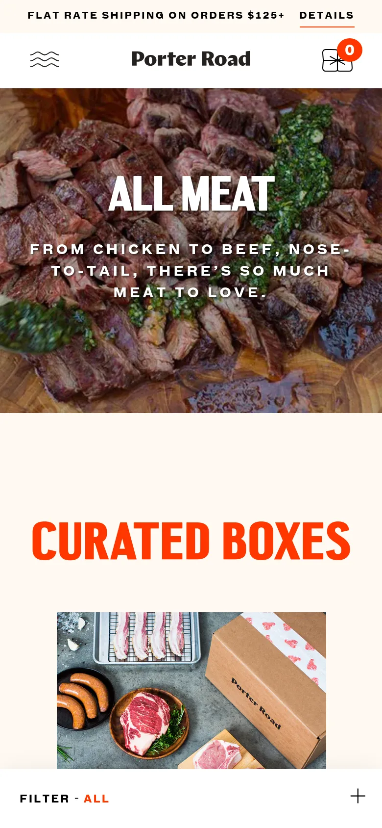 The mobile version presents a vertically stacked layout starting with a promotional banner, followed by the 'ALL MEAT' hero image. The sidebar navigation is condensed into a 'FILTER' button at the bottom of the screen, and the 'CURATED BOXES' section follows below the hero image to maximize vertical scrolling.