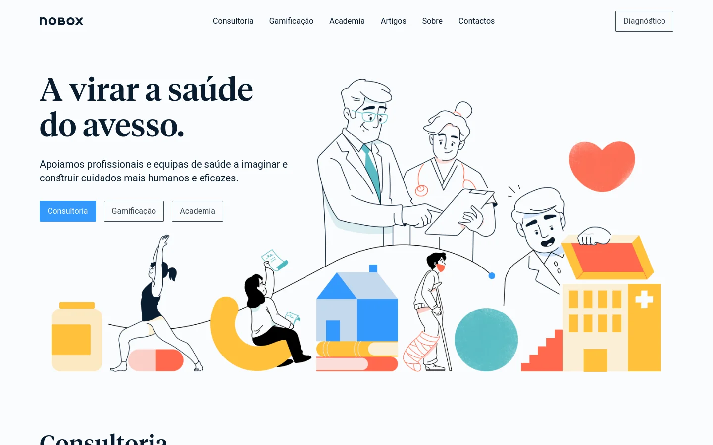 The desktop homepage features a clean white background with a navigation menu at the top and a large hero section. The headline 'A virar a saúde do avesso' is paired with a large, colorful line-art illustration of healthcare professionals and abstract medical symbols, alongside three call-to-action buttons: Consultoria, Gamificação, and Academia. Below the hero, a 'Consultoria' section begins with a heading and descriptive text.