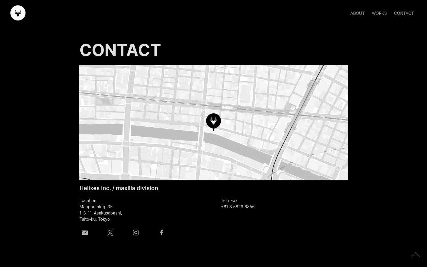 The Contact page features a dark theme with a large white 'CONTACT' headline. Below the headline is a grayscale street map with a black location pin icon, followed by the company name 'Helixes inc. / maxilla division', the physical address in Tokyo, a telephone number, and social media icons.