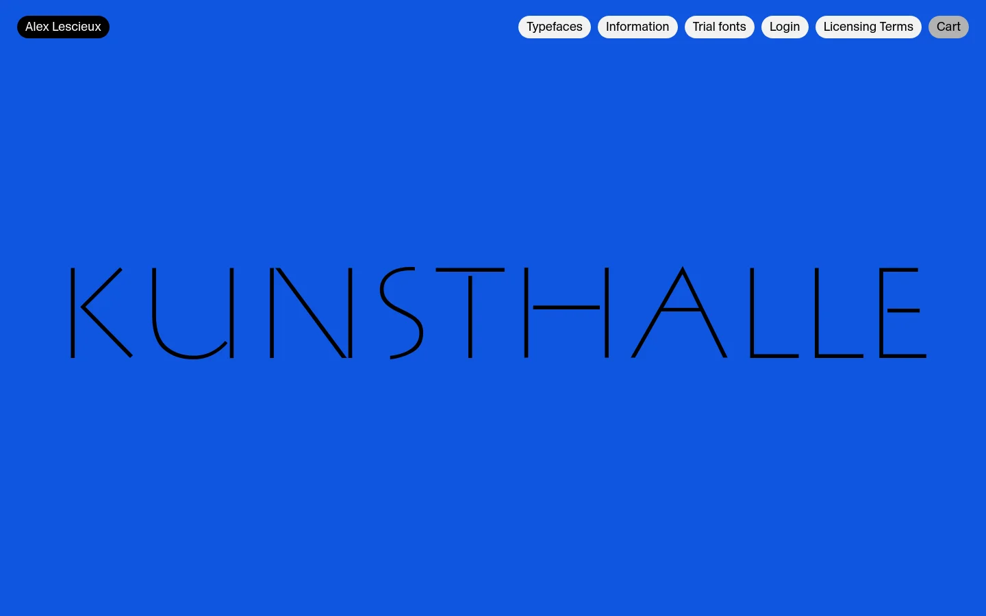The desktop homepage features a minimalist design with a vibrant blue background. The word 'KUNSTHALLE' is displayed in large, thin black capital letters in the center, with a navigation bar at the top containing links for Typefaces, Information, Trial fonts, Login, Licensing Terms, and Cart.