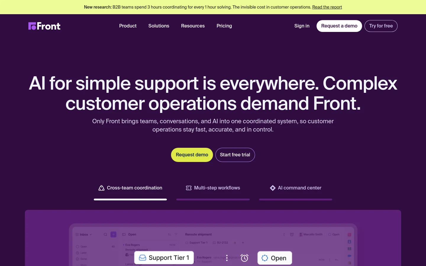 Front homepage featuring a bold dark purple hero section with large white sans-serif typography reading AI for simple support is everywhere. The layout includes a primary product interface screenshot below two pill-shaped CTA buttons for Request demo and Start free trial.