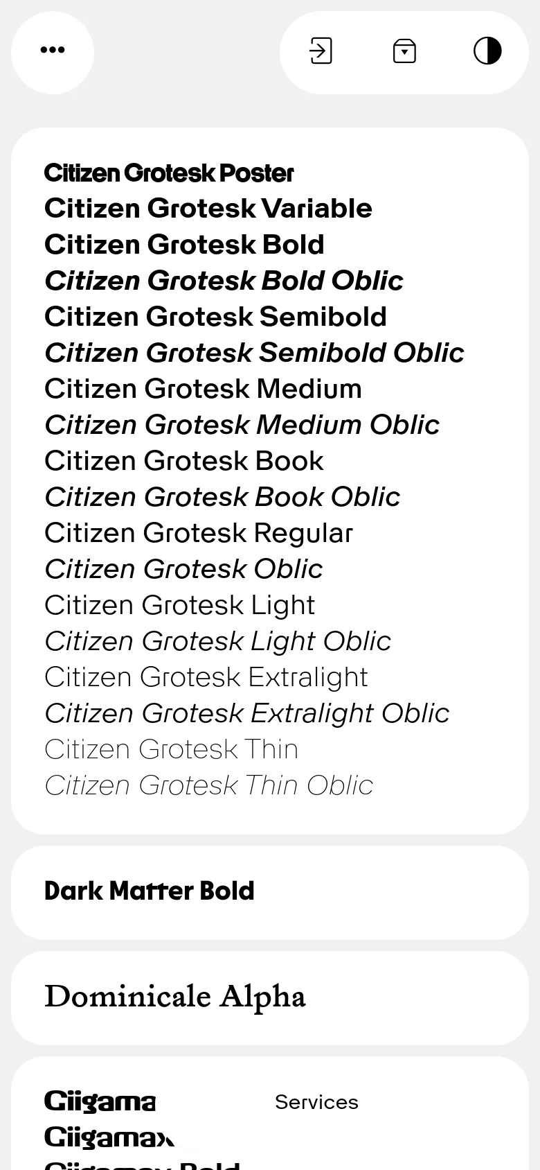 The mobile version presents a single-column vertical layout of the typeface cards to fit the narrow screen. The font previews and lists are enlarged for readability, and the navigation elements are condensed into a bottom floating bar with icons for login, shopping bag, and theme toggling.