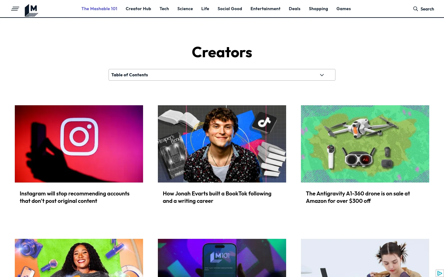 The Mashable Creator Hub desktop page features a clean white background with a large 'Creators' heading and a dropdown Table of Contents. Below, a grid of featured articles displays large rectangular images, such as an Instagram logo and a person surrounded by books, paired with bold black headlines. The top navigation bar includes links for Tech, Science, Life, and other categories alongside a search icon.