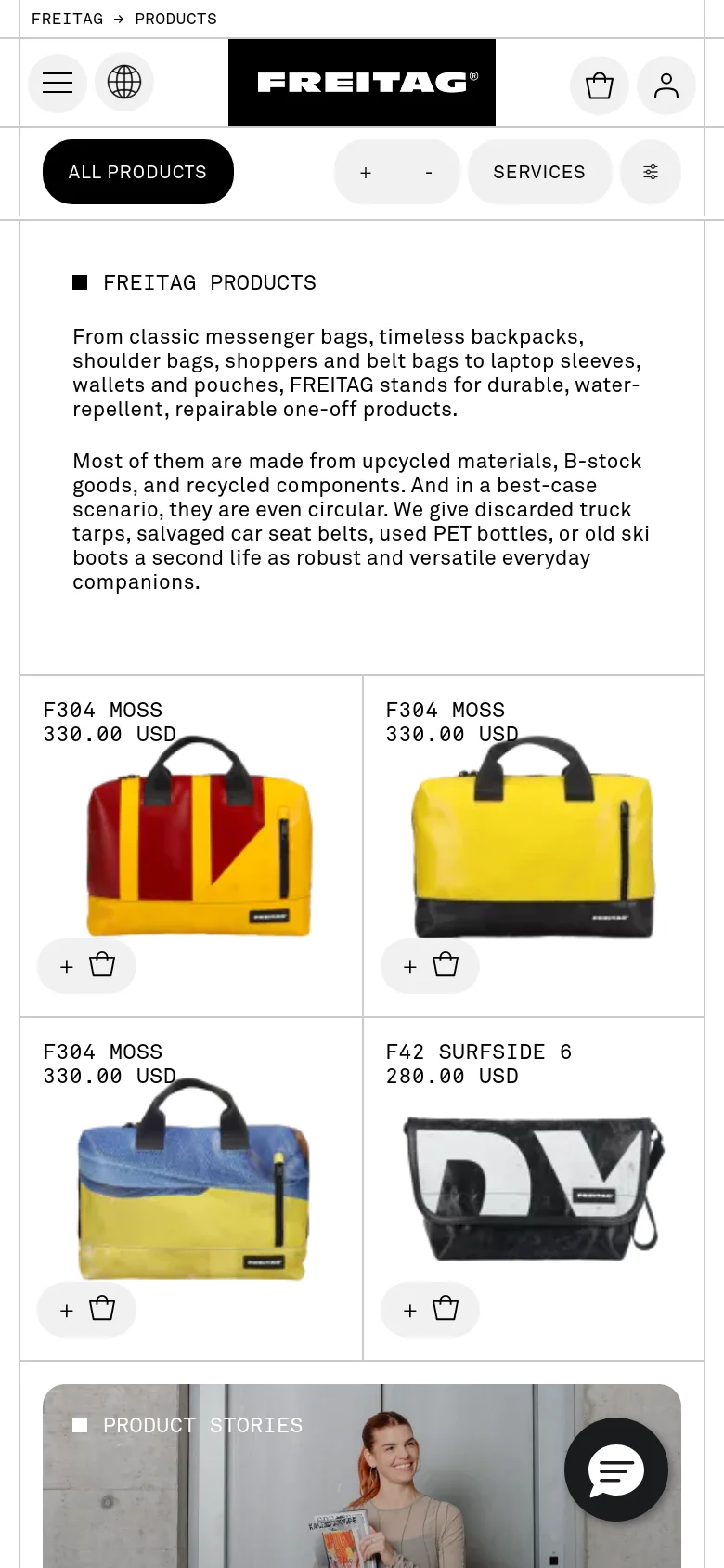 FREITAG products mobile view with a stacked layout. The interface features a simplified header, large category buttons, and a single-column product grid showcasing upcycled bags with prominent pricing and add-to-cart icons.