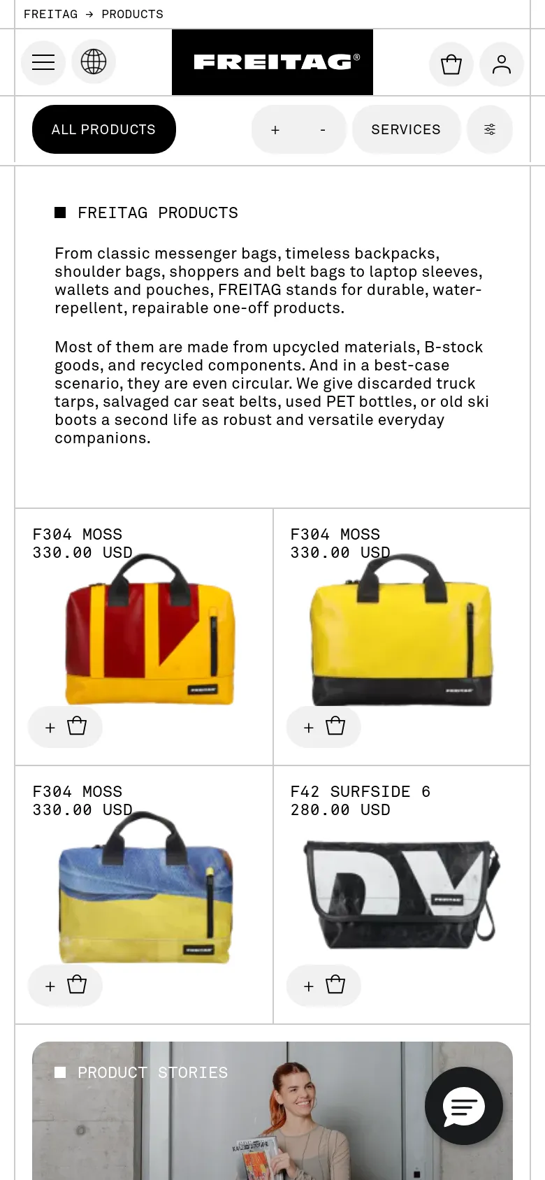 FREITAG products mobile view with a stacked layout. The interface features a simplified header, large category buttons, and a single-column product grid showcasing upcycled bags with prominent pricing and add-to-cart icons.