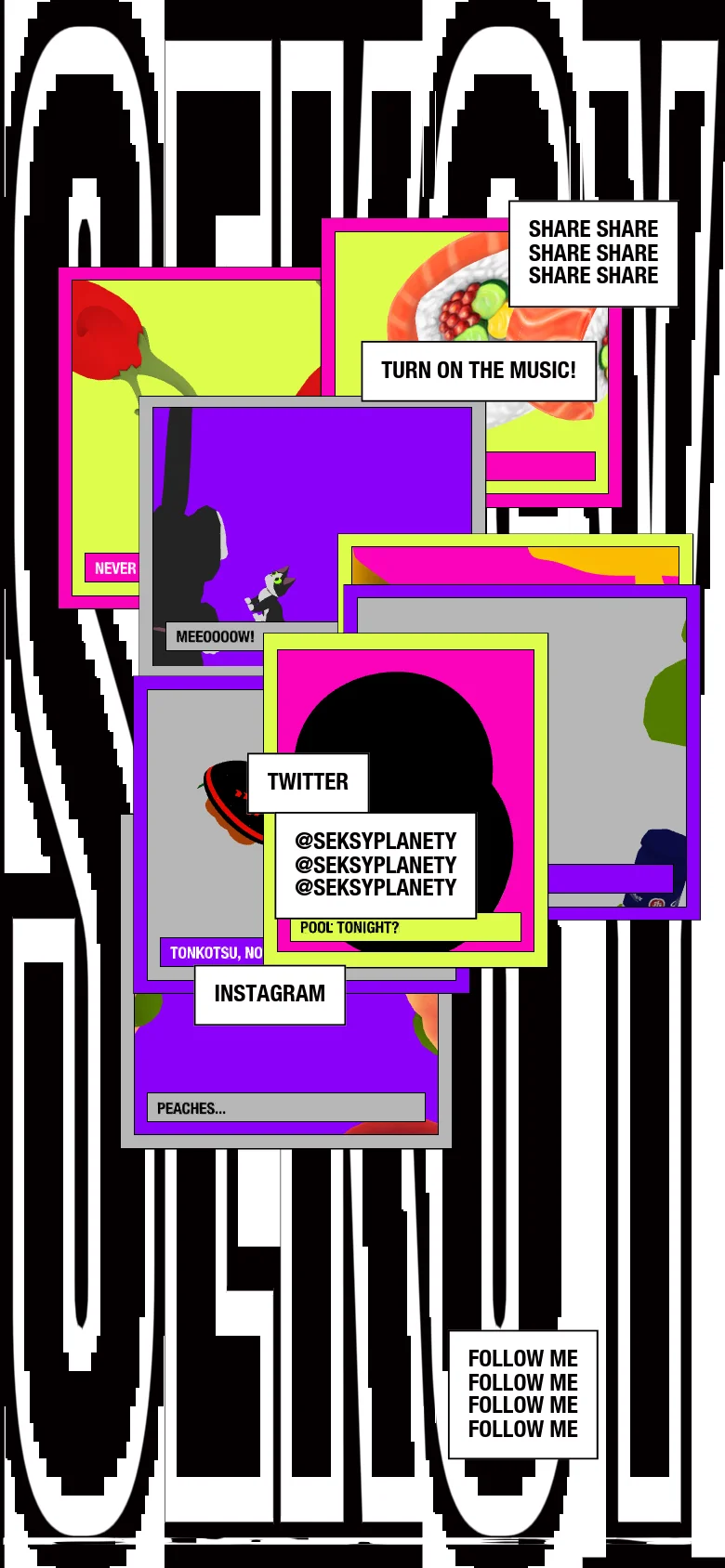 The mobile version maintains the chaotic, collage aesthetic with overlapping colorful blocks and bold typography on a black and white background. The layout is vertically stacked, presenting a condensed view of the abstract imagery and repetitive text elements like 'SHARE SHARE' and 'FOLLOW ME' compared to the desktop version.