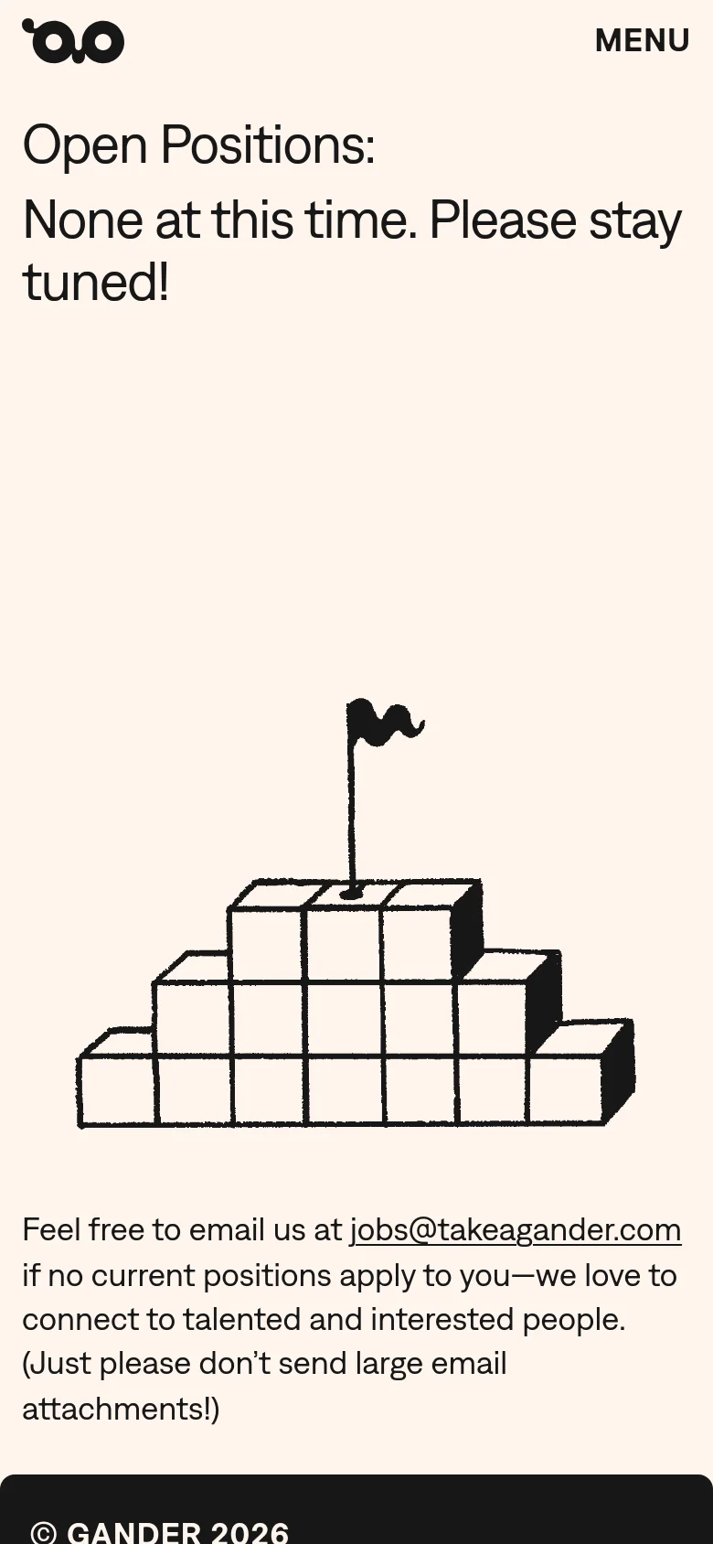 The mobile version maintains the minimalist beige and black aesthetic but uses a single-column layout. The headline and contact text are stacked vertically above the black line-art illustration of a flag on a stepped structure, and the navigation is replaced by a 'MENU' button.