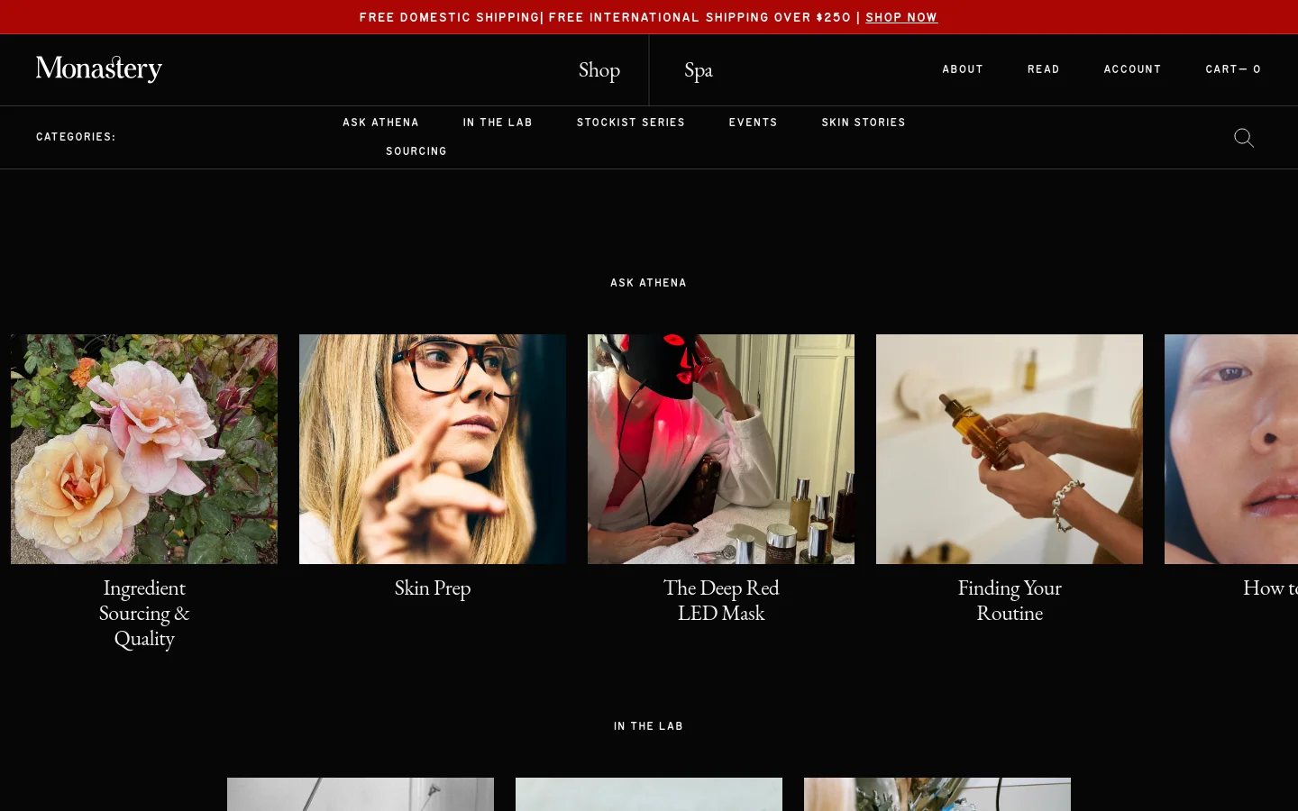 The desktop version of the Monastery 'Stories' page features a black background with white text and a clean, minimalist layout. A navigation menu at the top includes categories like 'Ask Athena' and 'In The Lab', followed by a grid of large, high-quality images representing different blog articles such as 'Ingredient Sourcing & Quality' and 'Skin Prep'.