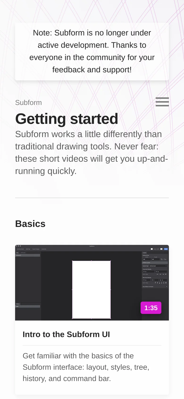 The mobile version uses a single-column layout optimized for vertical scrolling. The header is condensed with a hamburger menu icon, and the video tutorial cards stack vertically, showing the video thumbnail with a timestamp overlay followed by the title and description text.
