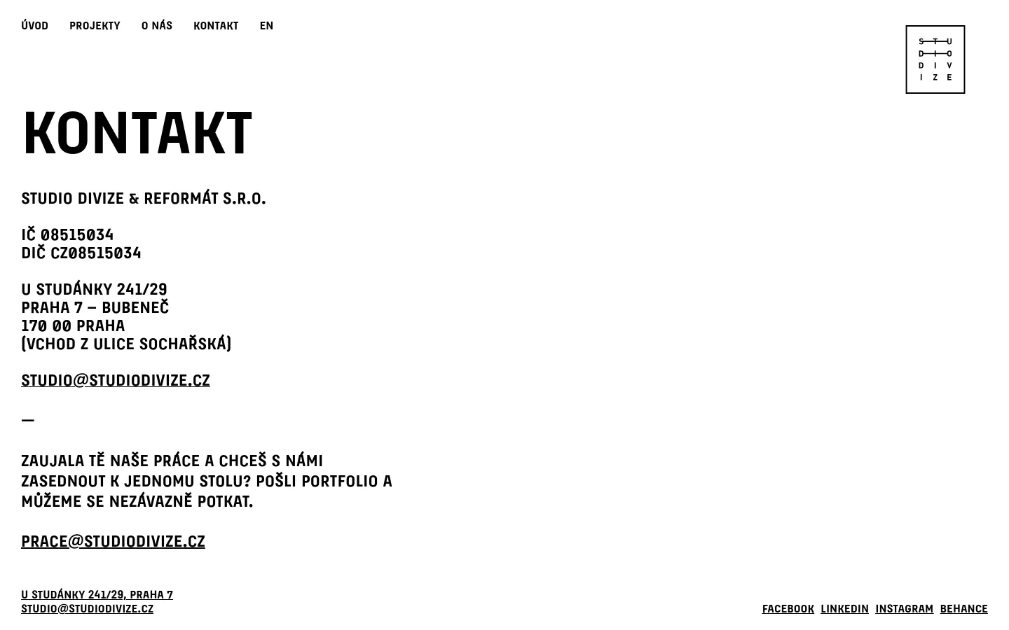 The desktop version of the contact page features a minimalist white background with black typography. A navigation menu is at the top, alongside the Studio Divize logo, followed by a large 'KONTAKT' heading and company contact details, including address and email. The layout is spacious with left-aligned text and a footer containing social media links.