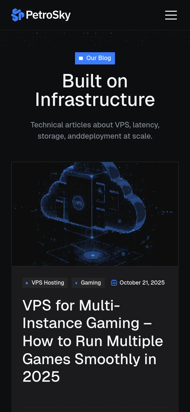 The mobile version presents a vertically stacked layout with a centered hero section featuring the 'Built on Infrastructure' headline and a large blue digital cloud image. The blog post card follows below, spanning the width of the screen with the title and metadata clearly visible. The top navigation is condensed into a hamburger menu icon next to the PetroSky logo.