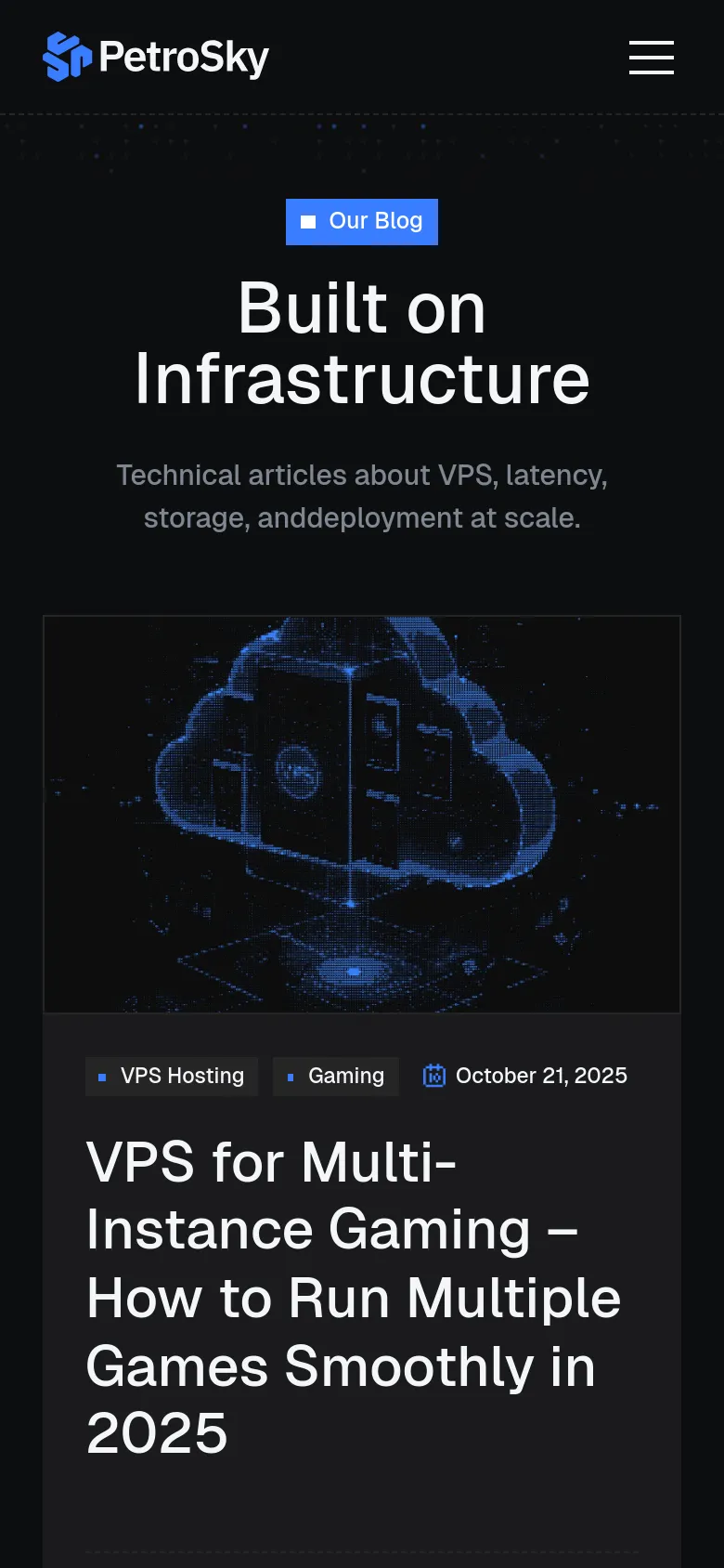 The mobile version presents a vertically stacked layout with a centered hero section featuring the 'Built on Infrastructure' headline and a large blue digital cloud image. The blog post card follows below, spanning the width of the screen with the title and metadata clearly visible. The top navigation is condensed into a hamburger menu icon next to the PetroSky logo.