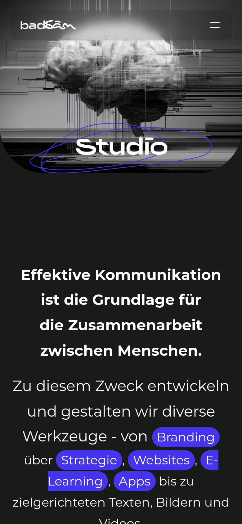 The mobile version maintains the dark aesthetic and the brain hero imagery but uses a condensed layout. The navigation is simplified into a hamburger menu icon in the top right, and the text content is stacked vertically with larger, centered typography for better readability on small screens.