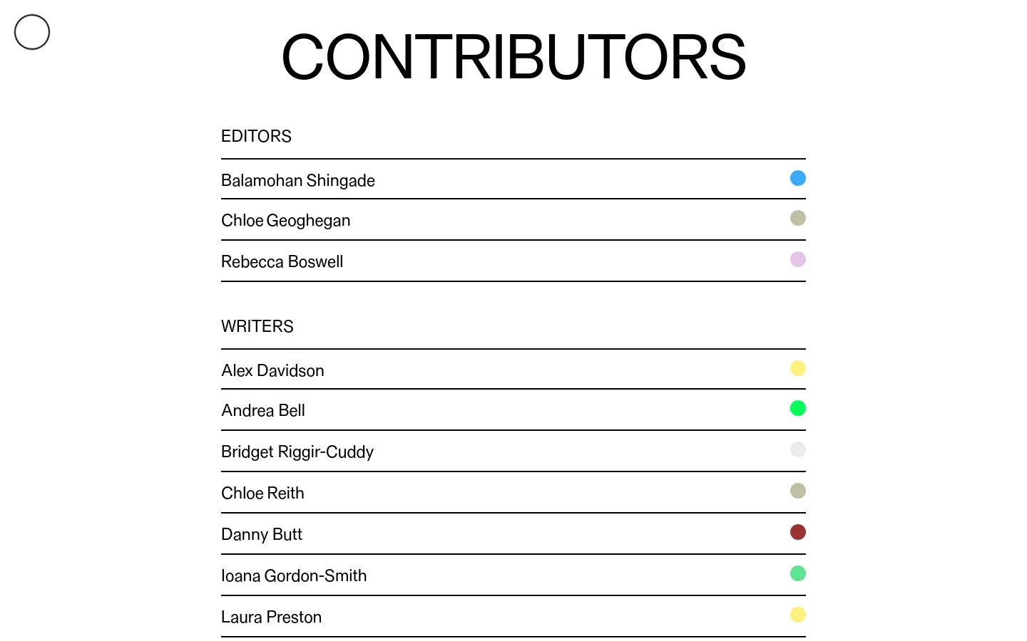 The Contributors page features a minimalist white background with large, black, uppercase 'CONTRIBUTORS' heading. Below, names are organized under 'EDITORS' and 'WRITERS' headings, each name listed on a horizontal line accompanied by a small, colored circular icon on the right side.