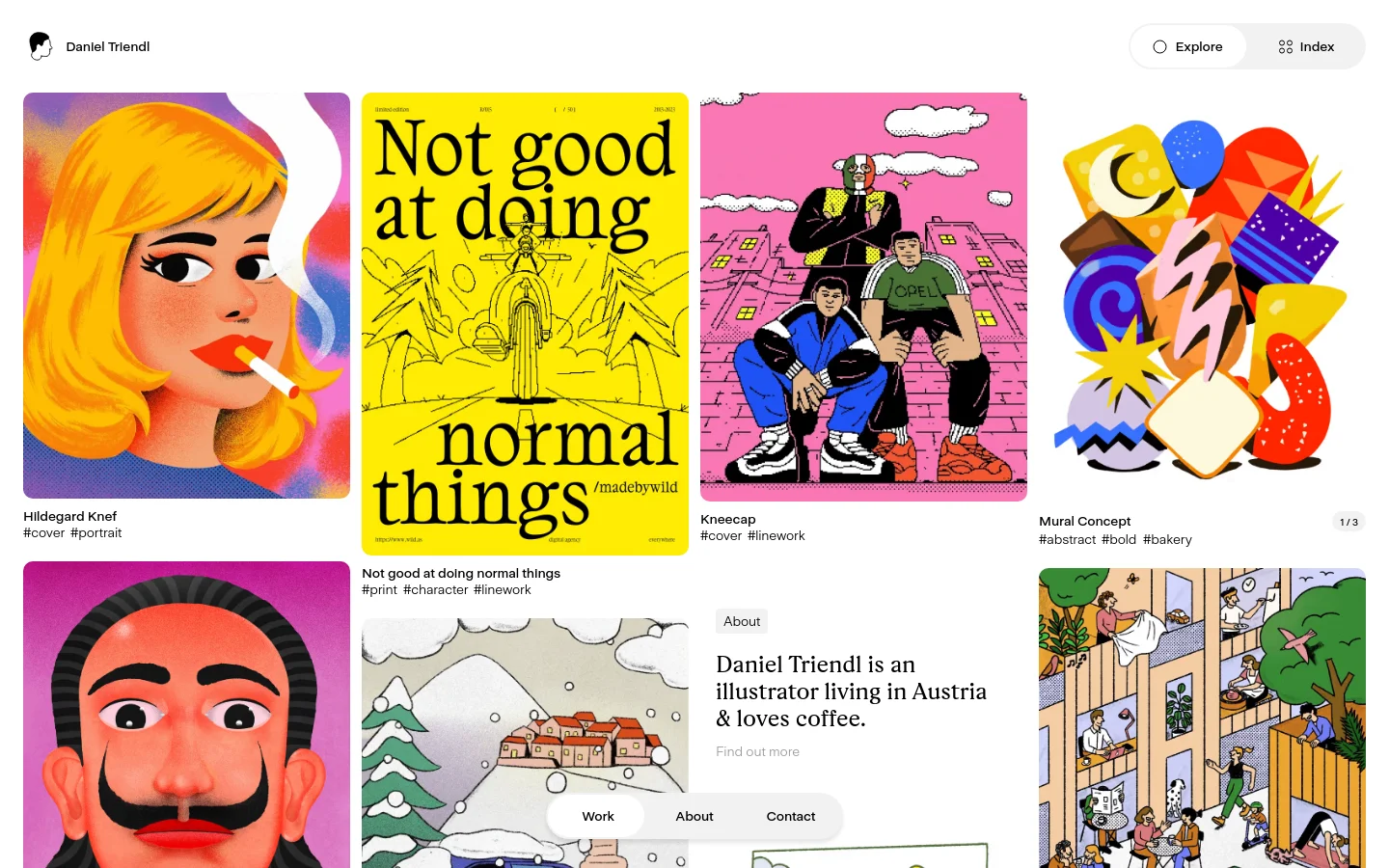 The desktop homepage features a minimalist white background with a grid of colorful, stylized illustrations. Each project includes a large image, a title, descriptive hashtags, and a 'Show project' link. The layout is spacious, showcasing diverse works ranging from portraits to abstract shapes.