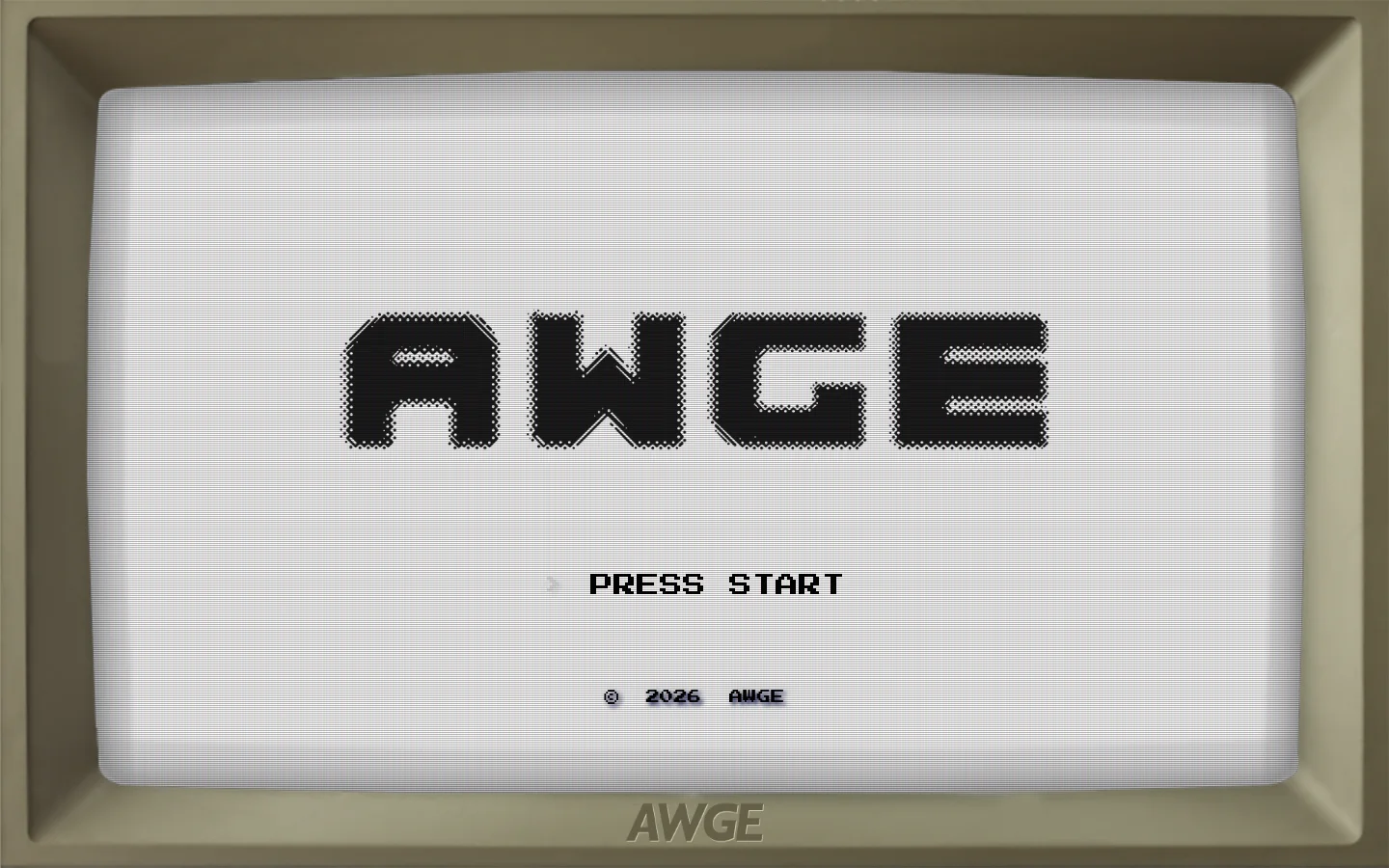 A desktop view of a website styled like a retro vintage television set with a tan frame. The screen displays a pixelated black 'AWGE' logo on a light grey textured background, with the text '> PRESS START' and a copyright notice below it.