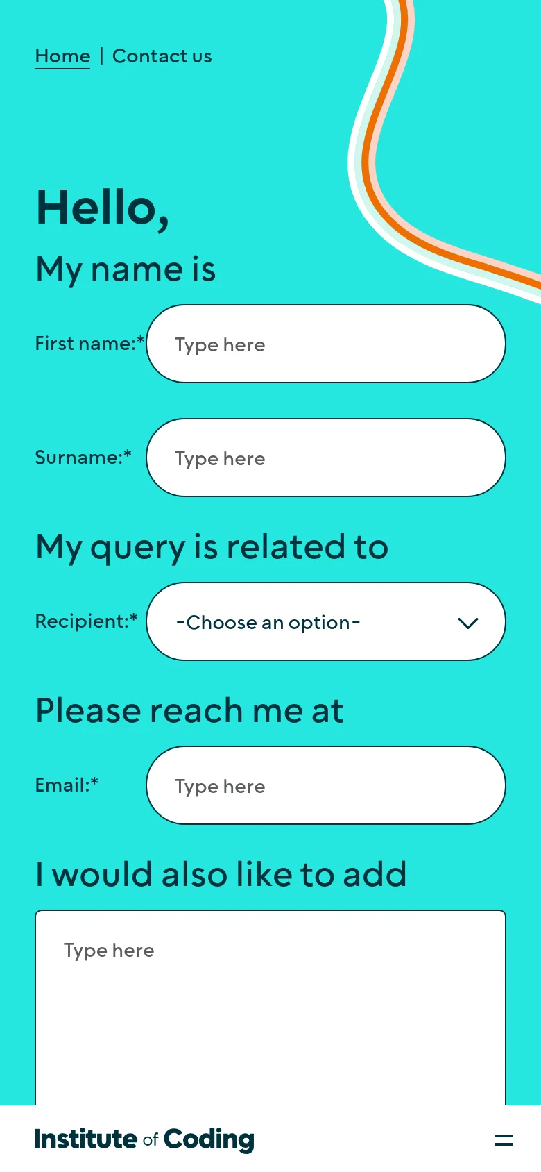 The mobile version maintains the turquoise background and wavy line graphics but stacks the form elements vertically. The input fields for name, recipient, and email span the full width of the screen to accommodate a narrower viewport, and the navigation is condensed.