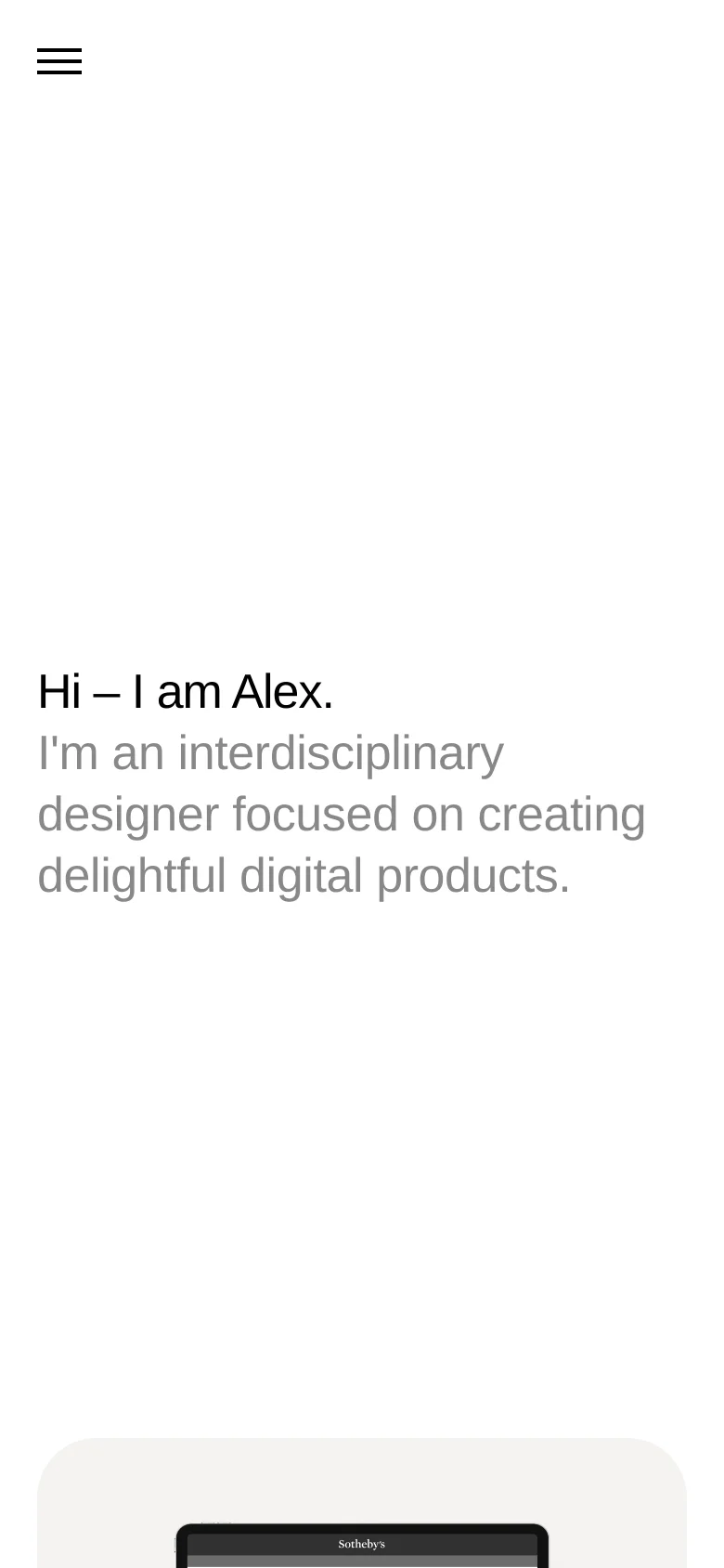 The mobile version maintains the minimalist white aesthetic but uses a simplified top navigation with a hamburger menu icon. The content is reorganized into a single-column vertical stack, presenting the introductory text and project cards in a larger, more scrollable format.