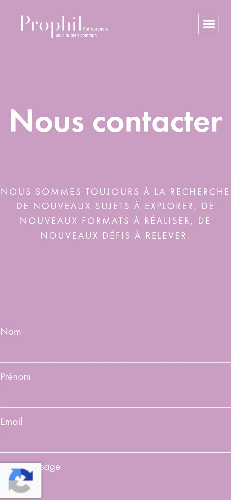 The mobile version uses a vertical layout with a lavender background and a hamburger menu icon in the top right. The large white 'Nous contacter' headline and subheadline are stacked above the contact form, which features full-width input fields for Name, First Name, Email, and Message.