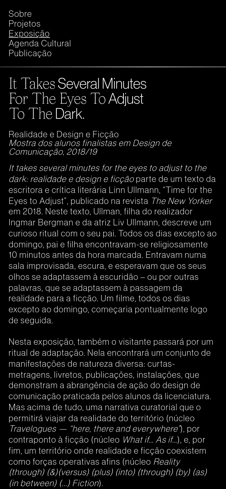 The mobile version presents a vertical, single-column layout with a black background and white text. The large headline and long descriptive paragraphs are stacked vertically, removing the side-by-side image and text arrangement seen on desktop.