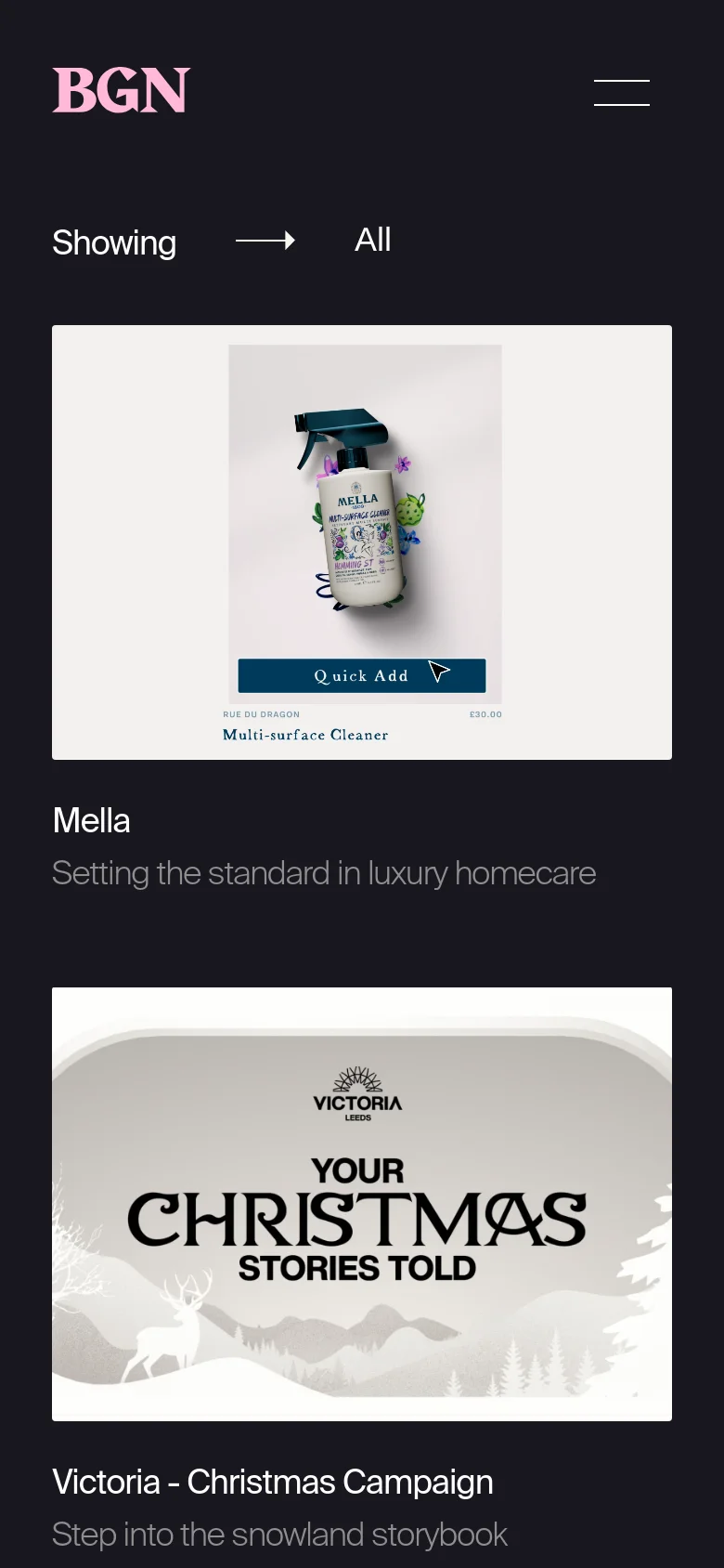 The mobile version maintains the dark aesthetic but transitions the project grid into a single-column vertical stack for easier scrolling. The navigation and filter options are simplified to fit the narrower screen width, focusing on large, touch-friendly project tiles.