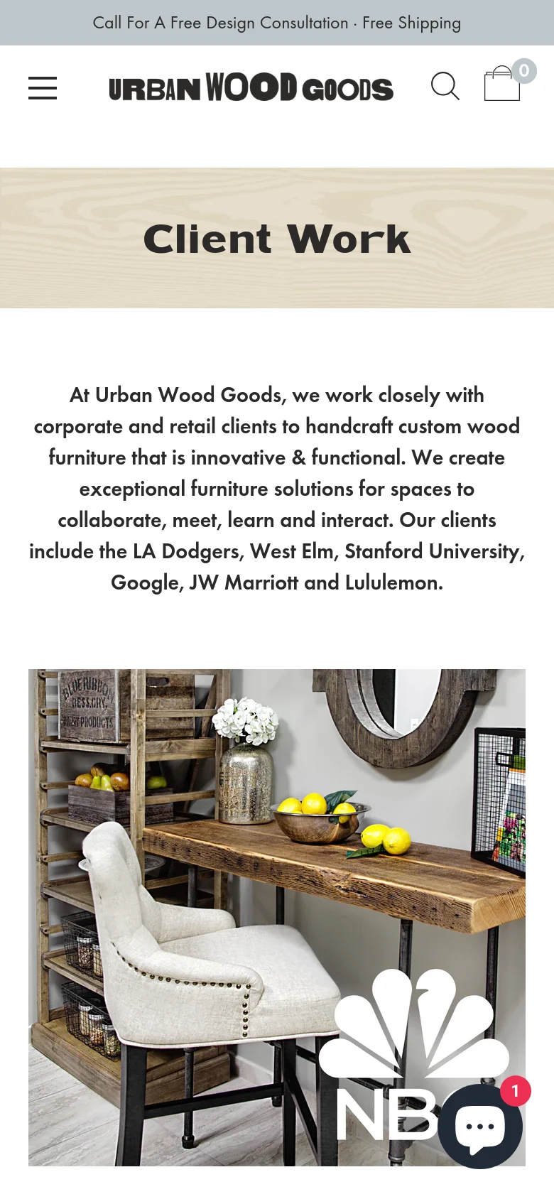 The mobile version presents a simplified vertical layout with a hamburger menu and a search icon at the top. The wood grain banner and 'Client Work' title remain prominent, followed by the introductory text and the large NBC project image which spans the width of the screen. A floating chat button is visible in the bottom right corner.