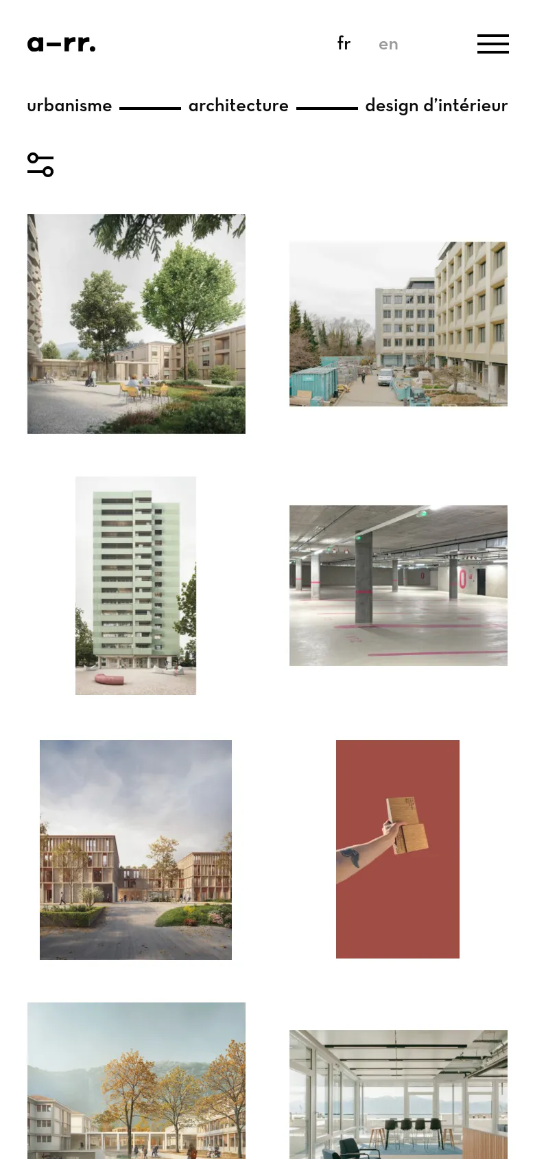 The mobile version simplifies the layout, moving the navigation links to a top header with a hamburger menu icon and language toggles. The project images are arranged in a single-column vertical scroll, maintaining the minimalist aesthetic and focus on high-quality architectural photography.
