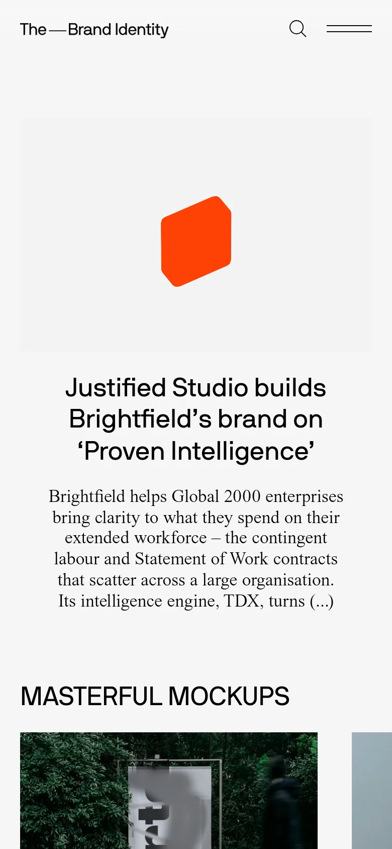 The mobile version maintains the minimalist aesthetic but uses a single-column vertical layout. The hero image and large typography are scaled down to fit the narrow screen, and the content sections, including project headlines and mockup products, are stacked vertically for easy scrolling.