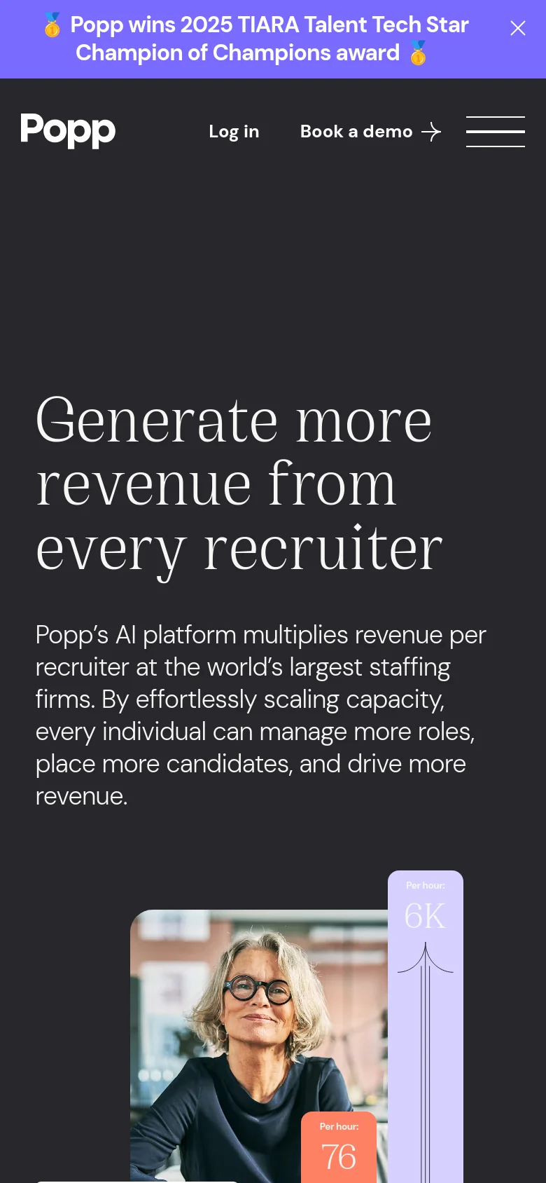 The mobile version presents a vertically stacked layout on a dark background, starting with a top announcement banner. The main headline and descriptive text are centered above a cropped version of the hero image, which features data overlays. The navigation menu is condensed, showing the logo, 'Log in,' and 'Book a demo' links prominently at the top.
