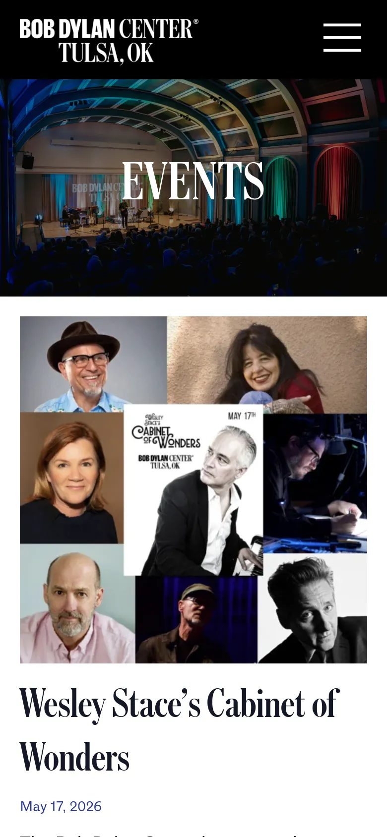 The mobile version presents a vertically stacked layout starting with a large hero image of the performance venue and the word 'EVENTS'. Below the image, the performer collage and event details, including the title 'Wesley Stace’s Cabinet of Wonders' and the date, are scaled to fit the narrow screen. The header is simplified with a hamburger menu icon on the right and the Bob Dylan Center logo on the left.
