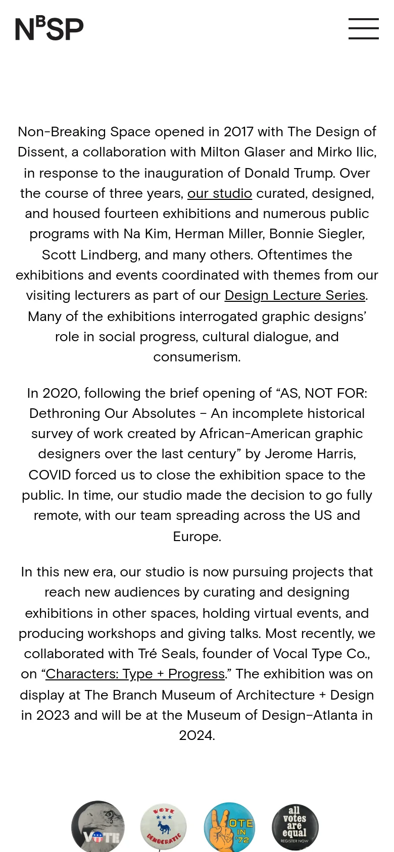 The mobile version simplifies the layout, removing the 'EXHIBITS' and 'ABOUT' links in favor of a black 'NB SP' logo and a three-line hamburger menu icon. The central text block remains prominent, and the exhibition thumbnails are displayed in a single row at the bottom.