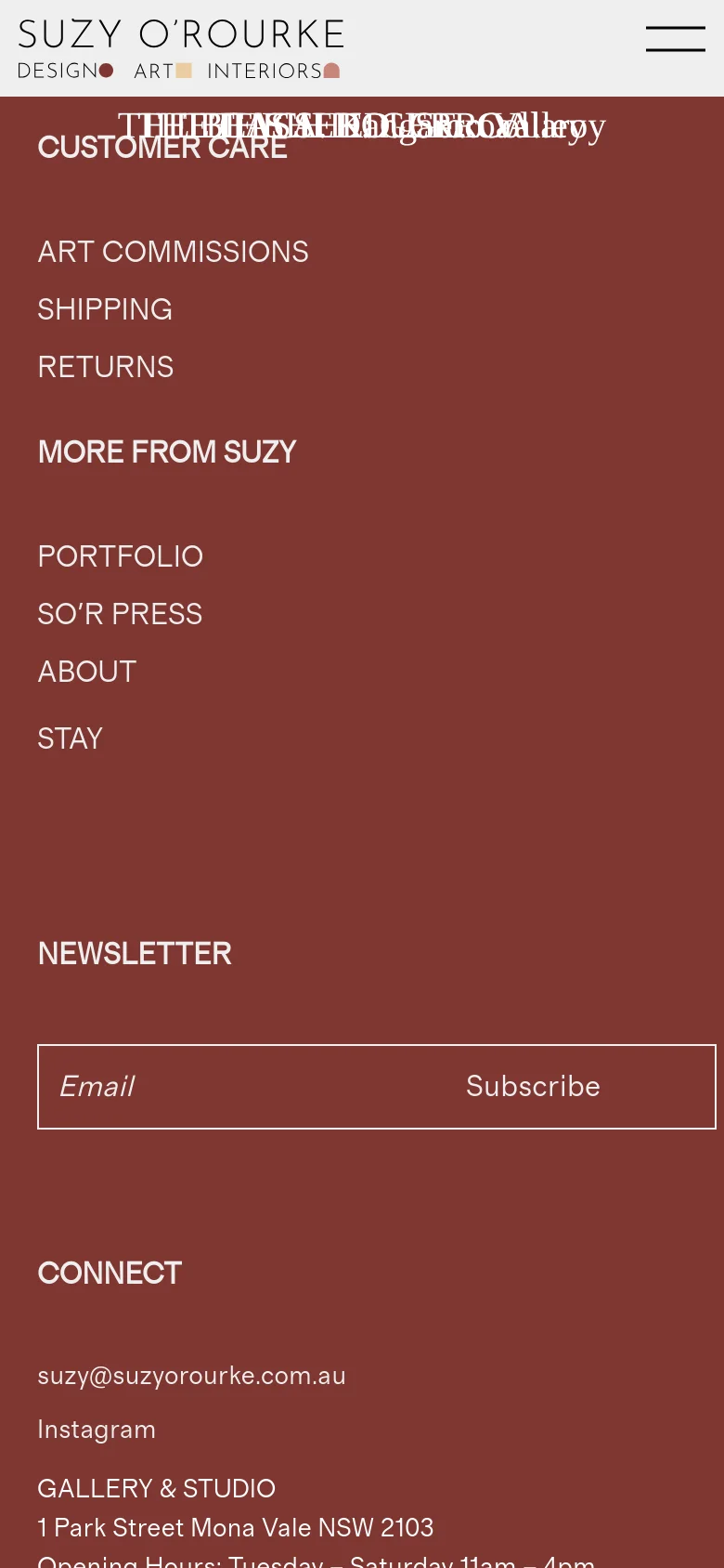 The mobile version simplifies the layout into a single-column vertical scroll. The header is condensed with a hamburger menu icon, and the project images and headings are stacked vertically for easier scrolling. The terracotta footer remains at the bottom, with text and input fields adjusted for a narrower screen width.