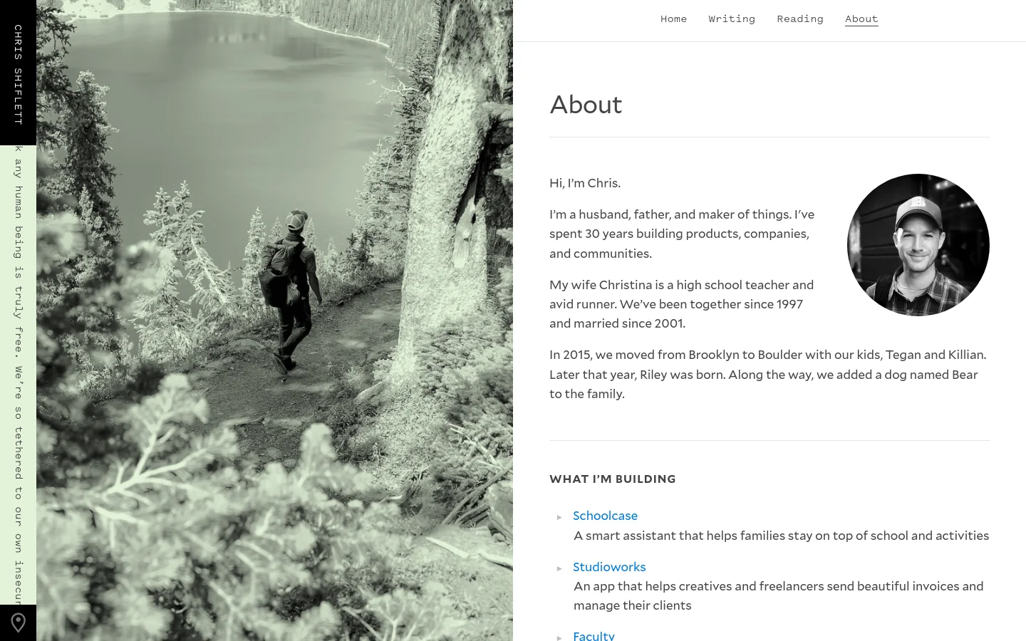 The desktop About page features a split layout with a large, black-and-white landscape photograph on the left and text content on the right. The right side includes a circular portrait of Chris Shiflett, a personal introduction, and sections titled 'What I'm Building' and 'You May Also Know Me From' set against a clean white background. A navigation menu is visible at the top right.