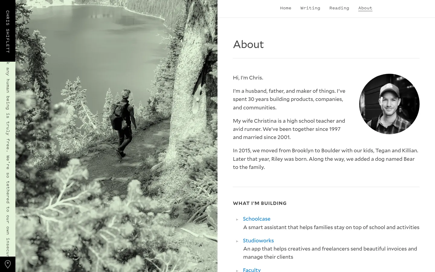 The desktop About page features a split layout with a large, black-and-white landscape photograph on the left and text content on the right. The right side includes a circular portrait of Chris Shiflett, a personal introduction, and sections titled 'What I'm Building' and 'You May Also Know Me From' set against a clean white background. A navigation menu is visible at the top right.