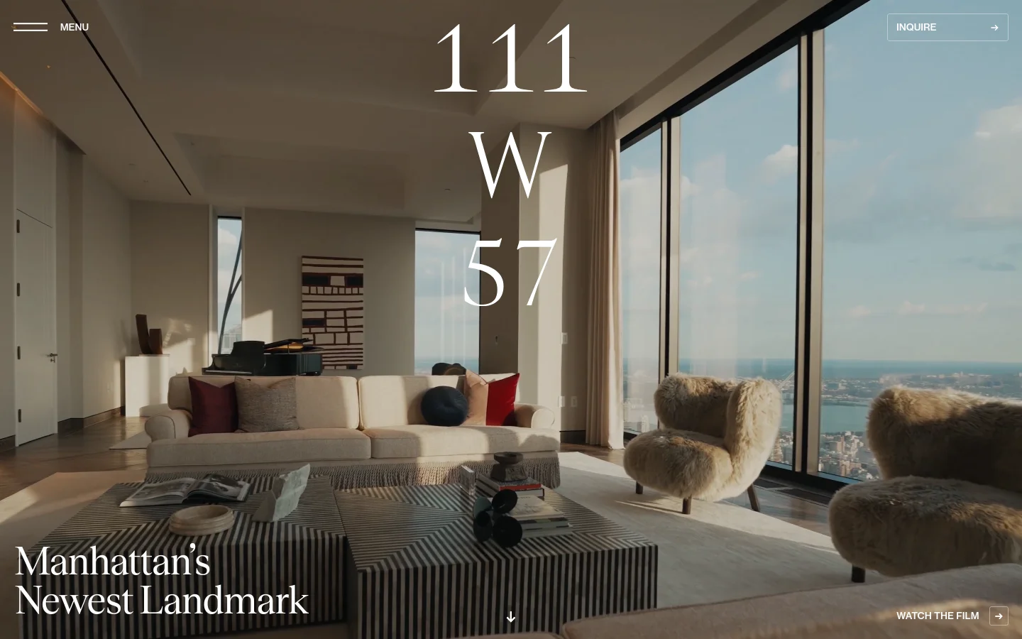 The desktop homepage features a full-screen hero image of a luxury high-rise living room with floor-to-ceiling windows overlooking a city skyline. Large white serif text reads '111 W 57' in the center and 'Manhattan's Newest Landmark' in the bottom left, with 'Watch the Film' and 'Inquire' buttons in the corners.