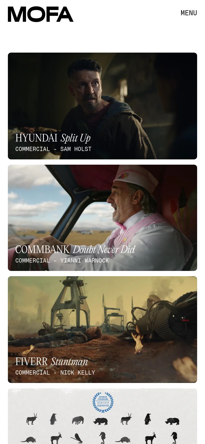 The mobile version of the MOFA website maintains the minimalist aesthetic but uses a single-column vertical layout. The large hero image is scaled to fit the narrow screen, and the project thumbnails are stacked vertically for easy scrolling. The top navigation is replaced by a simplified 'MENU' button to save space.