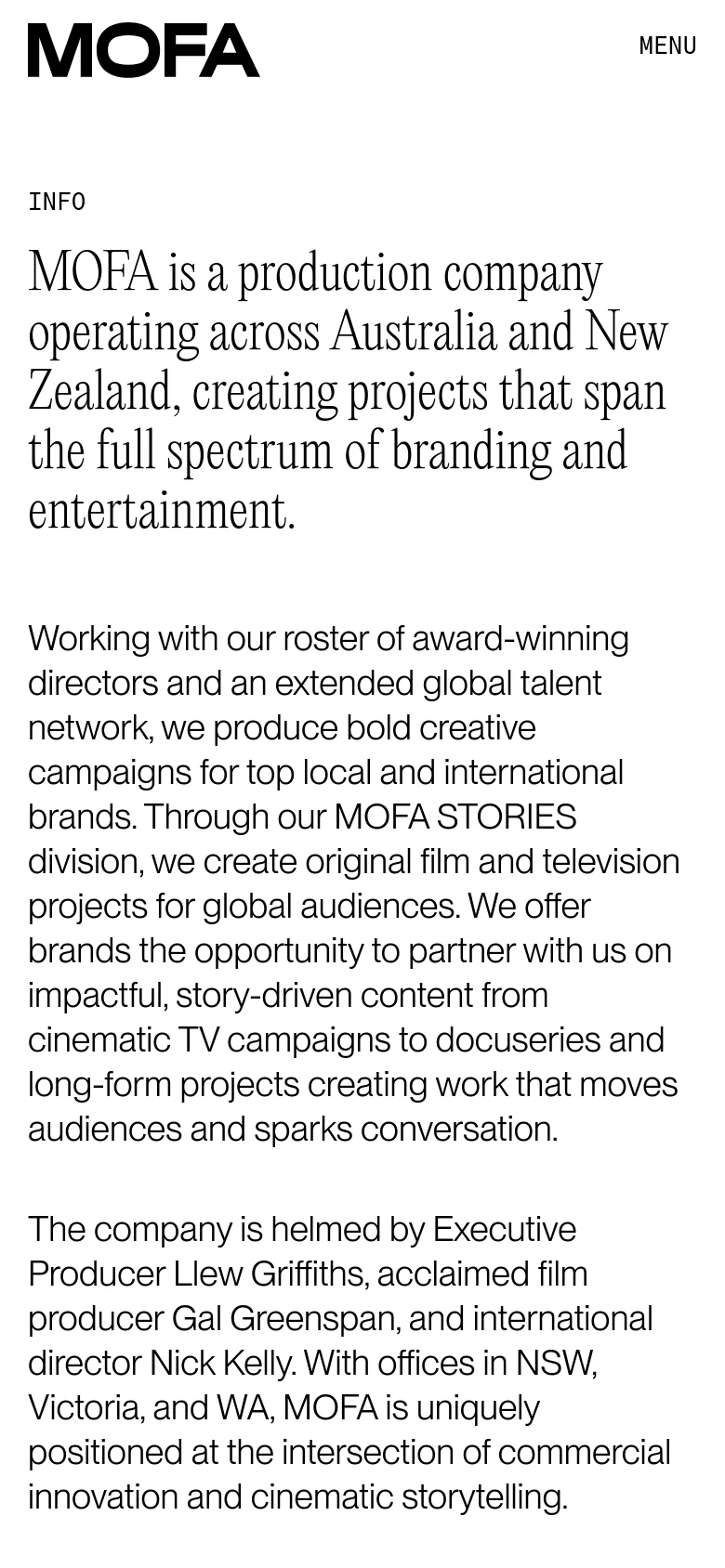 The mobile version uses a single-column vertical layout optimized for small screens. The large serif headline and body text are stacked vertically, and the navigation is condensed into a 'MENU' button at the top right.