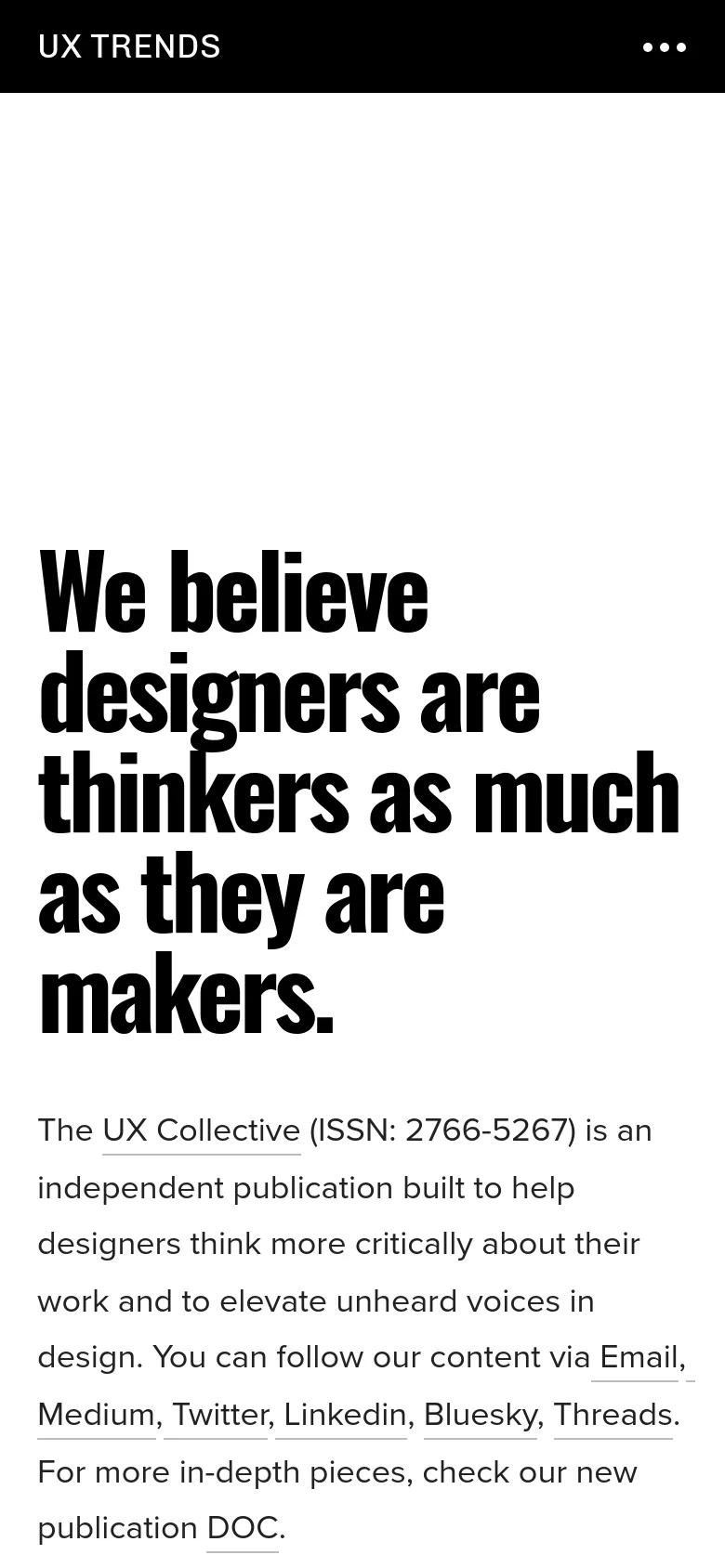 The mobile version presents a simplified vertical layout with a black header containing the site name and a menu icon. The large, bold headline and body text are stacked vertically, maintaining the high-contrast black-on-white aesthetic and centered text alignment.