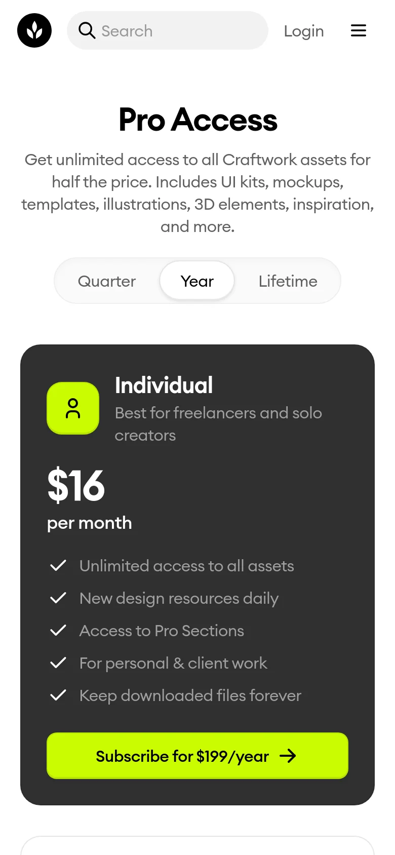 The mobile version presents a vertically stacked layout optimized for small screens, starting with the Pro Access headline and description. The subscription toggle and pricing cards, such as the dark 'Individual' plan, are scaled to fit the width of the phone, with large, easy-to-tap lime green subscription buttons. The navigation is condensed into a hamburger menu next to a search bar at the top.