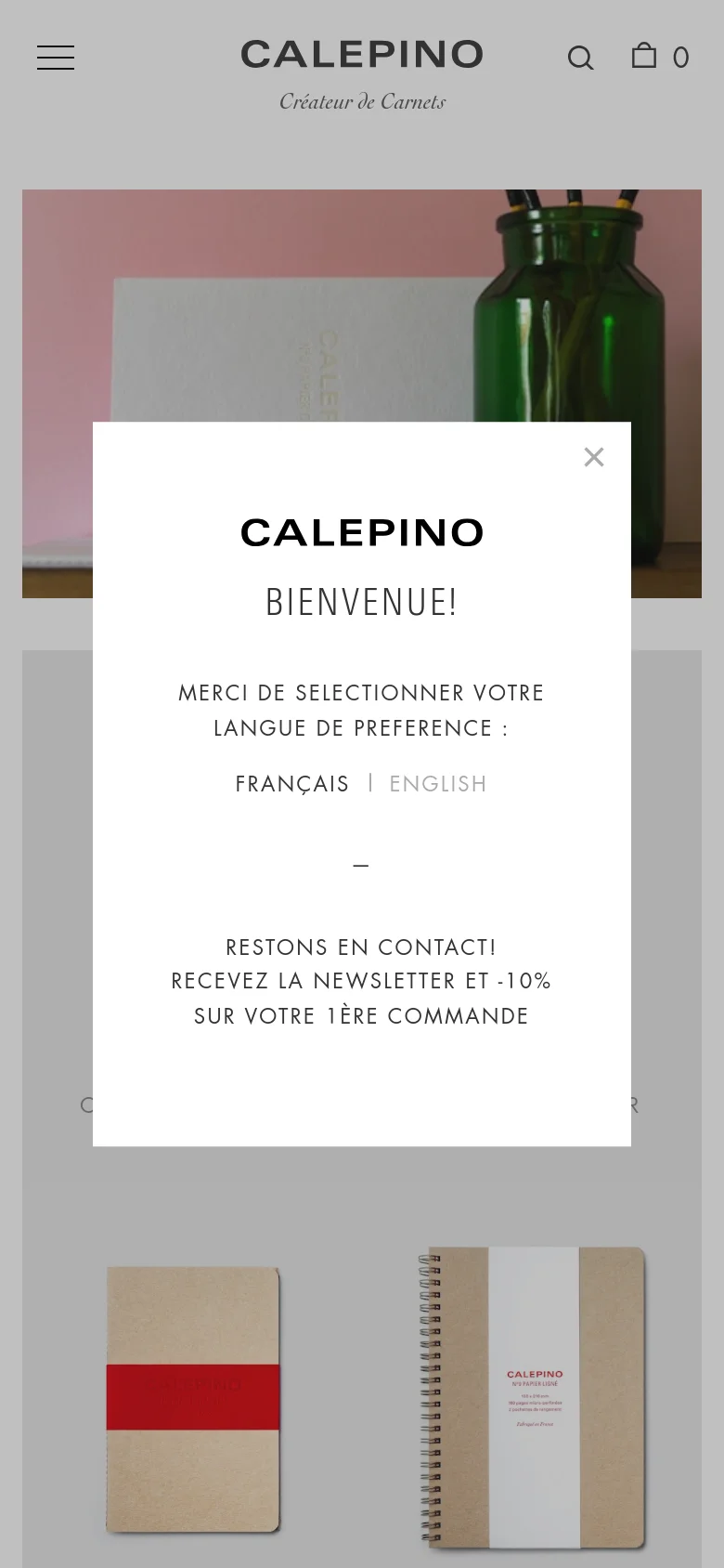 The mobile version presents a simplified, vertical layout optimized for small screens. A centered logo sits below a hamburger menu and search/cart icons, while a large pop-up modal overlays the screen asking users to select their language (Français or English). The product grid transitions into a single-column view, making the notebook images and text easier to scroll through.