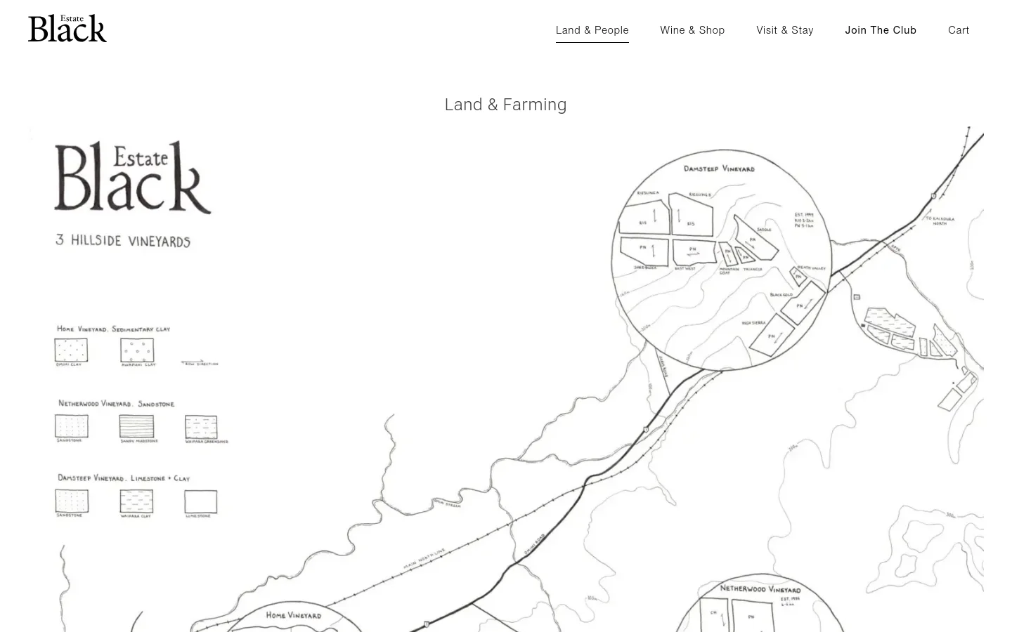 The desktop page features a minimalist white background with a large, detailed black and white hand-drawn map of three hillside vineyards. The Black Estate logo is at the top left, with a navigation menu on the right, and the headline 'Land & Farming' sits above the map illustration.