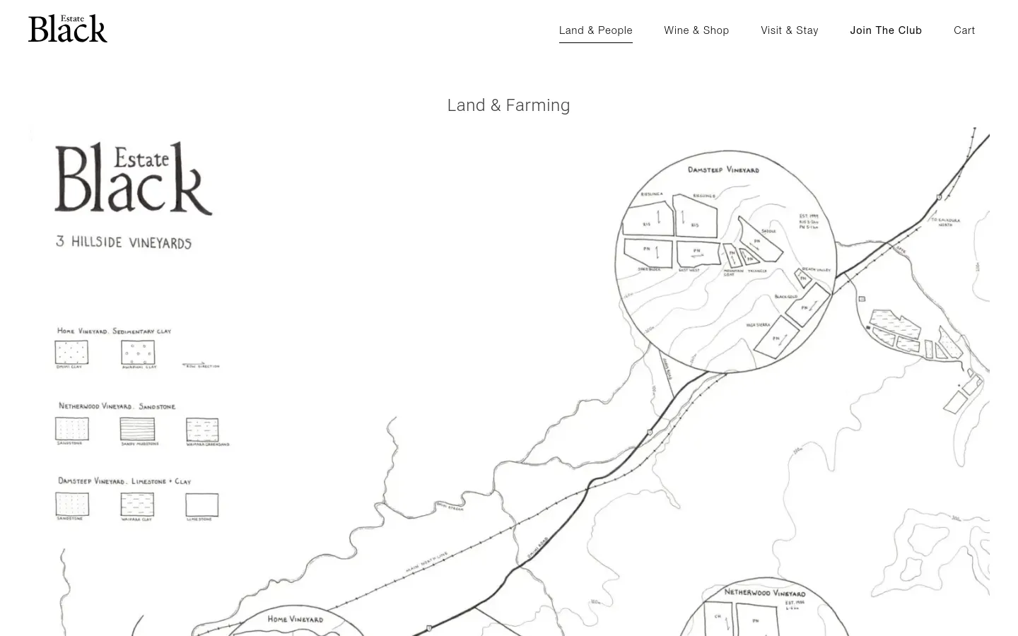 The desktop page features a minimalist white background with a large, detailed black and white hand-drawn map of three hillside vineyards. The Black Estate logo is at the top left, with a navigation menu on the right, and the headline 'Land & Farming' sits above the map illustration.